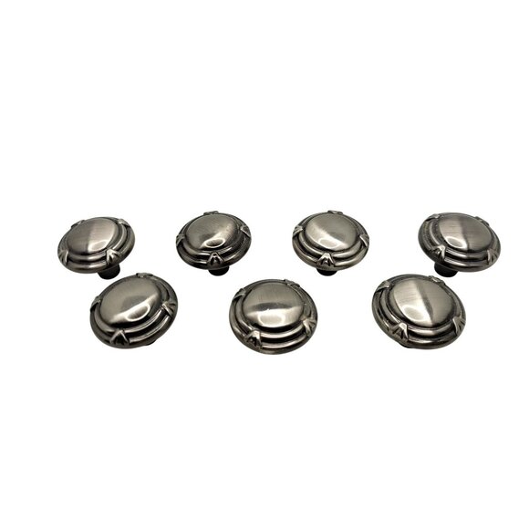 Set Of 7 Vintage Round Brushed Metal Drawer Knobs With Decorative Design - Picture 1 of 5